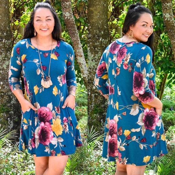 Teal Floral Dress - Picture 2 of 3